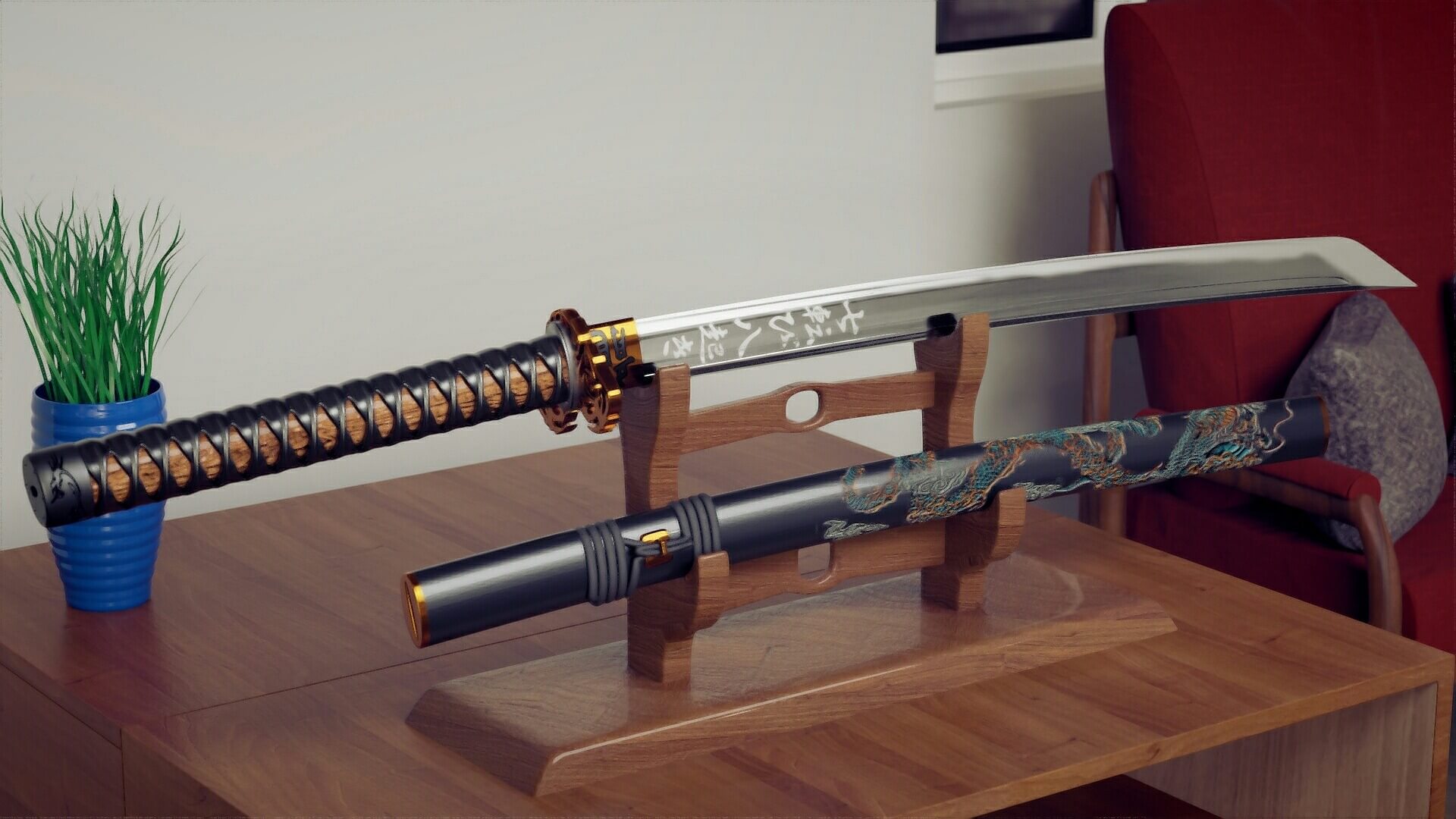 Handcrafted katana on wooden stand with lacquered saya in a studio setting