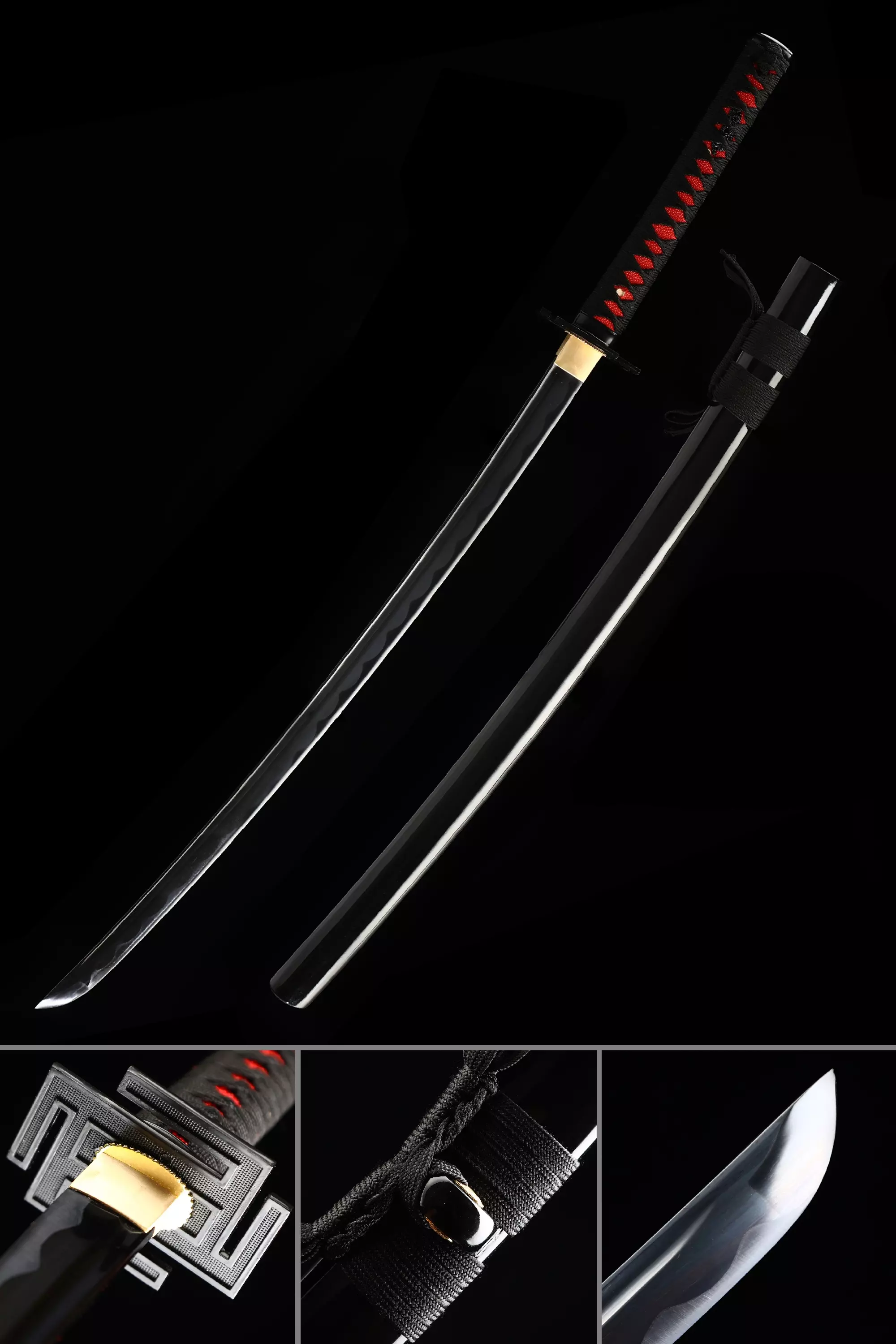 1045 Carbon Steel Katana Full Tang Blade Katana Black Blade Katana Sharp-edged Blade Katana High Performance Blade Katana Handmade Katana Black Cord Handle Katana Pu Red Samegawa Katana Handmade Bleach Kurosaki Ichigo Bankai Tensa Zangetsu Anime Katana Swords - Image 1
