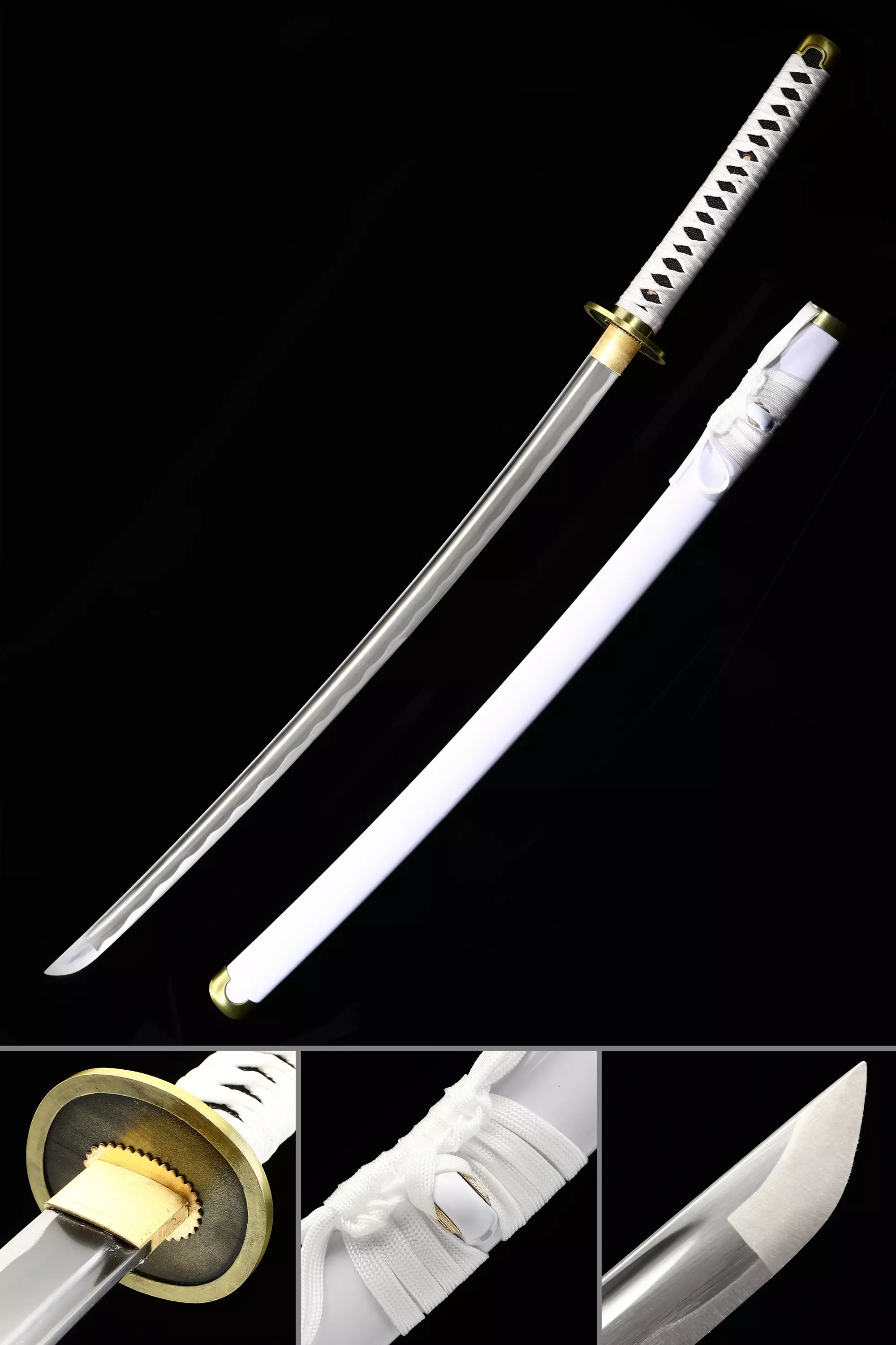 1045 Carbon Steel Katana Full Tang Blade Katana Sharp-edged Blade Katana Handmade Katana White Crod Handle Katana Pu Black Samegawa Katana Premium Natural Lacquer Saya Katana One Piece Roronoa Zoro Wado Ichimonji Real Katana Samurai Sword Replica With White Scabbard - Image 1